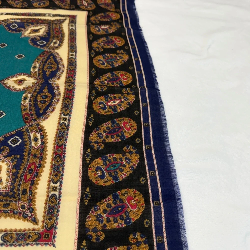Echo 100% Wool Scarf Made in Japan Paisley Floral Teal Navy Blue Square 29x29